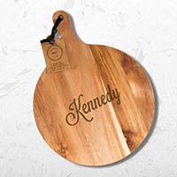 Personalized Round Acacia Cheese Board with Handle by Carved Solutions