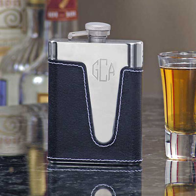 Personalized Gifts - Black Leather & Stainless Steel Flask (4014)