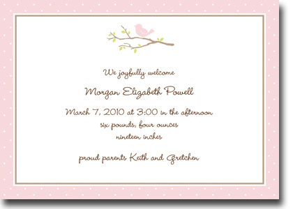 Boatman Geller - Bird On Branch Pink Birth Announcements/Invitations (H)