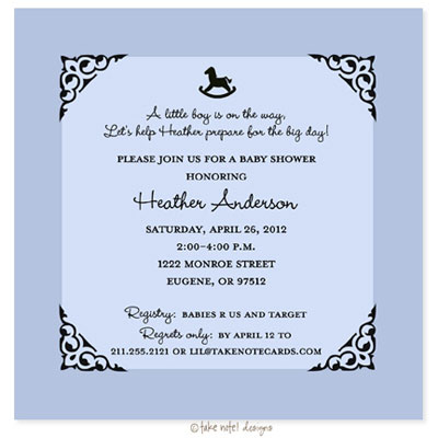  Baby Photos on Take Note Designs Baby Shower Invitations   Blue Fancy Rocking Horse