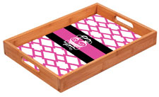 Preppy Plates - Personalized Bamboo Trays (Pink Trellis Stripe Interlocking Monogram)
