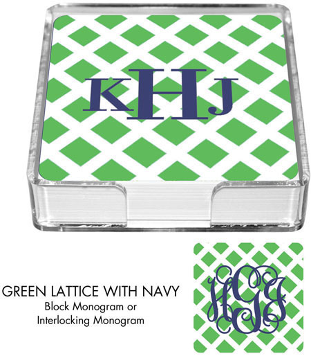 Preppy Plates - Personalized Coasters (Green Lattice with Navy Blue)