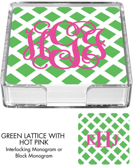 Preppy Plates - Personalized Coasters (Green Lattice with Hot Pink)