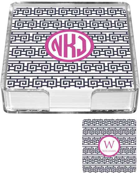 Preppy Plates - Personalized Coasters (Fretwork Navy & Pink)