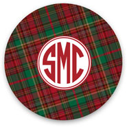 Preppy Plates - Personalized Melamine Plates (Christmas Plaid Cirlce Monogram)