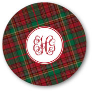 Preppy Plates - Personalized Melamine Plates (Christmas Plaid Interlocking Monogram)