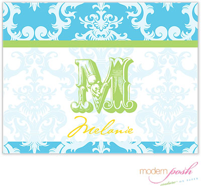 Personalized Stationery/Thank You Notes by Modern Posh - Blue Damask Posh - Blue & Green