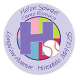 Name Doodles - Round Address Labels/Stickers (Sporty Baseball Lilac - Camp)