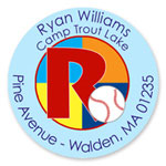Name Doodles - Round Address Labels/Stickers (Sporty Baseball Blue - Camp)