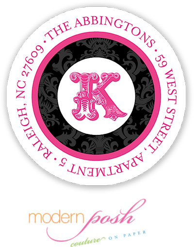 Modern Posh Return Address Labels - Black Damask - Black & Pink #1