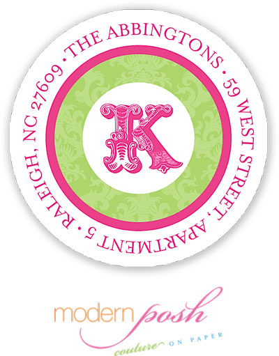 Modern Posh Return Address Labels - Green Damask - Green & Pink #1