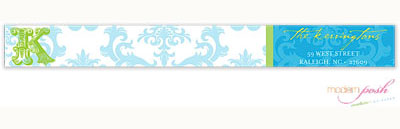 Modern Posh Return Address Labels - Blue Damask - Blue & Green Skinny