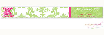 Modern Posh Return Address Labels - Green Damask - Green & Pink Skinny