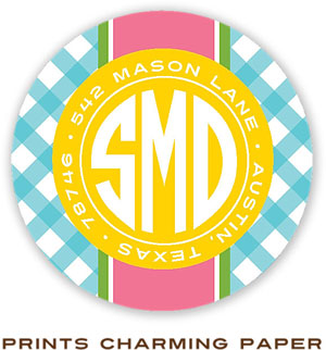 Prints Charming Address Labels - Turquoise Gingham Monogram