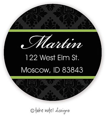 Take Note Designs - Address Labels (Black Damask Green Bands - Holiday)