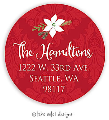 Take Note Designs - Address Labels (White Christmas Poinsettia On Red Damask - Holiday)