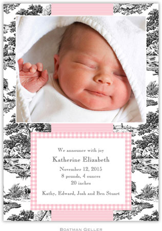 Boatman Geller - Toile Black with Pink Check Photo Birth Announcements