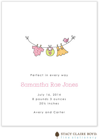 Stacy Claire Boyd Birth Announcement - Cute Clothesline - Pink