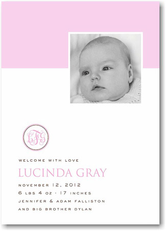 Stacy Claire Boyd Birth Announcement - Simply Monogrammed Pink (Digital Photo)