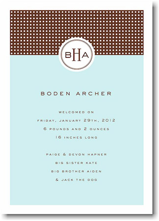 Stacy Claire Boyd Birth Announcement - Spotty Dotty Monogram-Blue