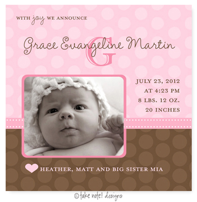 Take Note Designs Digital Photo Birth Announcements - Grace Evangeline