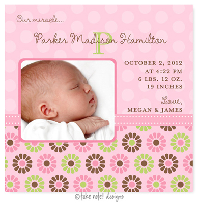 Take Note Designs Digital Photo Birth Announcements - Parker Madison Flowers