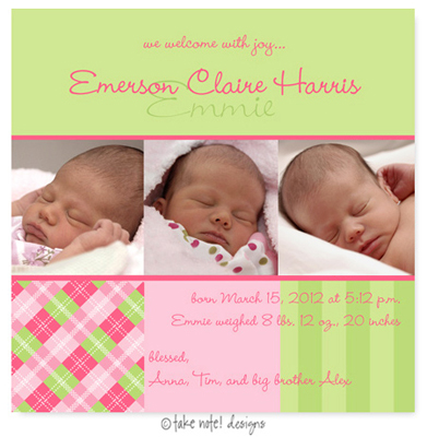 Take Note Designs Digital Photo Birth Announcements - Emerson Claire