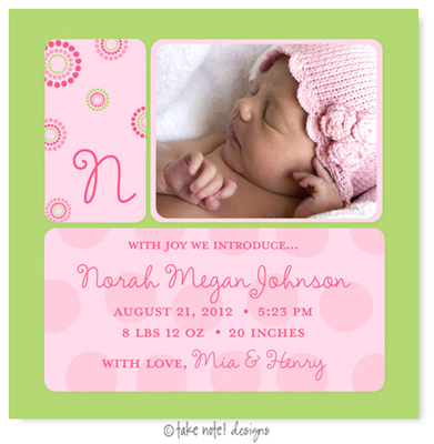 Take Note Designs Digital Photo Birth Announcements - Norah Megan