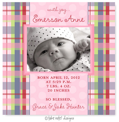Take Note Designs Digital Photo Birth Announcements - Emerson Anne Plaid