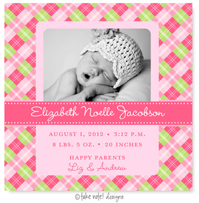 Take Note Designs Digital Photo Birth Announcements - Elizabeth Noelle