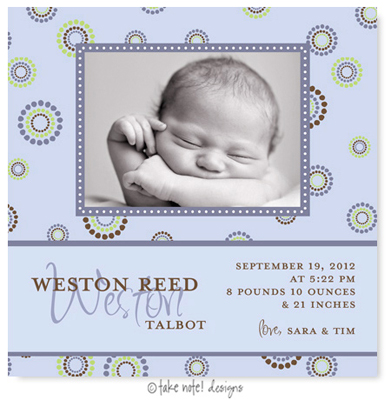 Take Note Designs Digital Photo Birth Announcements - Weston Reed