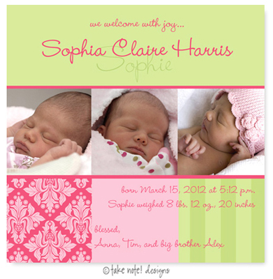 Take Note Designs Digital Photo Birth Announcements - Sophia Claire