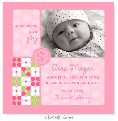 Take Note Designs Digital Photo Birth Announcements - Sara Megan