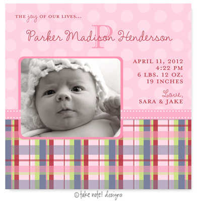 Take Note Designs Digital Photo Birth Announcements - Parker Madison