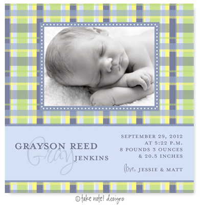 Take Note Designs Digital Photo Birth Announcements - Grayson Reed