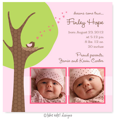 Take Note Designs Digital Photo Birth Announcements - Finley Hope Chirping Hearts