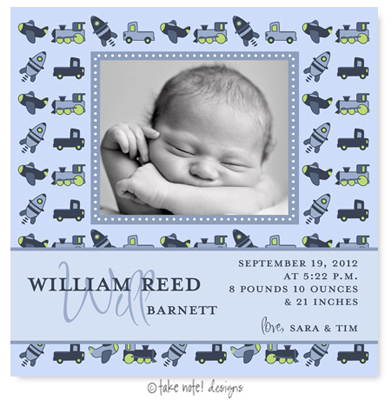 Take Note Designs Digital Photo Birth Announcements - William Reed