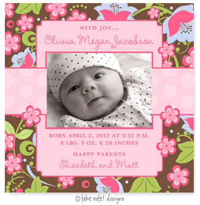 Take Note Designs Digital Photo Birth Announcements - Olivia Megan
