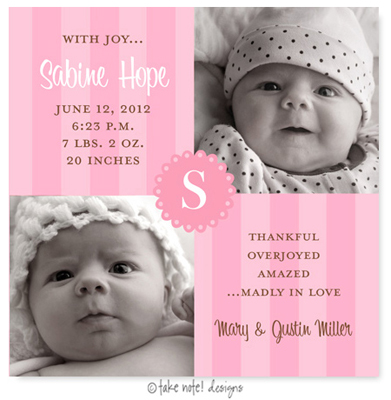 Take Note Designs Digital Photo Birth Announcements - Sabine Hope