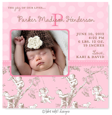 Take Note Designs Digital Photo Birth Announcements - Parker Madison Toile Take Note Designs Digital Photo Birth Announcements - Parker Madison Toile