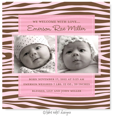 Take Note Designs Digital Photo Birth Announcements - Emerson Rae Zebra