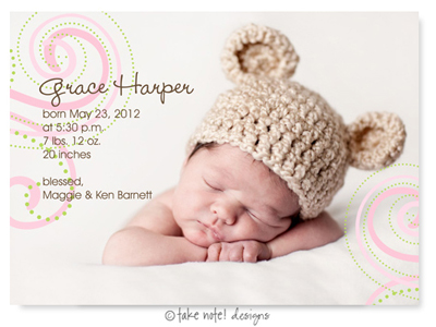 Take Note Designs Digital Photo Birth Announcements - Grace Harper