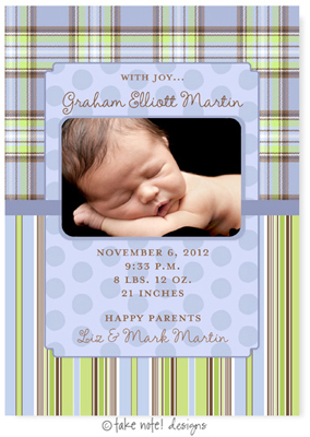 Take Note Designs Digital Photo Birth Announcements - Graham Elliott Plaid & Stripes Take Note Designs Digital Photo Birth Announcements - Graham Elliott Plaid & Stripes