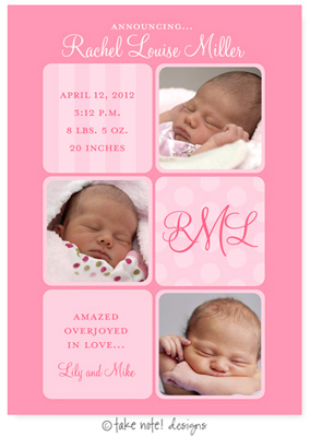 Take Note Designs Digital Photo Birth Announcements - Rachel Louise