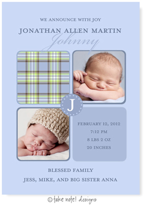 Take Note Designs Digital Photo Birth Announcements - Jonathan Allen Plaid
