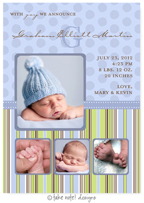 Take Note Designs Digital Photo Birth Announcements - Graham Elliott Polkadots & Stripes