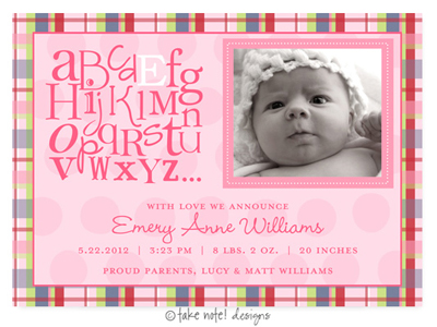 Take Note Designs Digital Photo Birth Announcements - Emery Anne