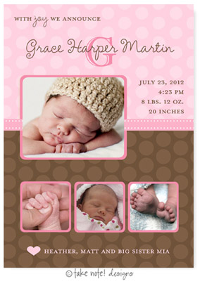 Take Note Designs Digital Photo Birth Announcements - Grace Harper Pink Polka & Brown