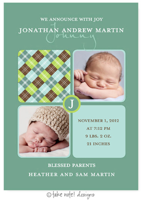 Take Note Designs Digital Photo Birth Announcements - Jonathan Andrew