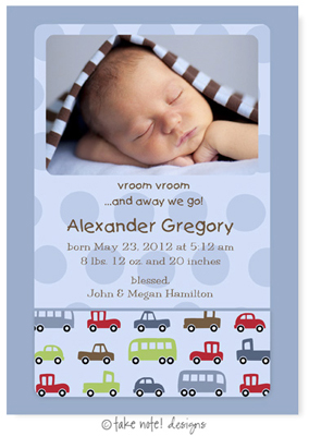 Take Note Designs Digital Photo Birth Announcements - Alexander Gregory Cars Take Note Designs Digital Photo Birth Announcements - Alexander Gregory Cars